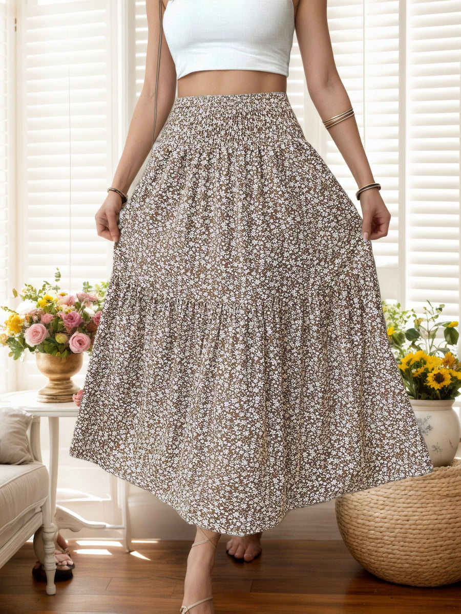 Floral Print A-Line Midi Skirt with an Elastic Waistband, Suitable for Spring, Summer, And Autumn, Featuring a Vintage Style That Flatters The Figure - Mixed colors