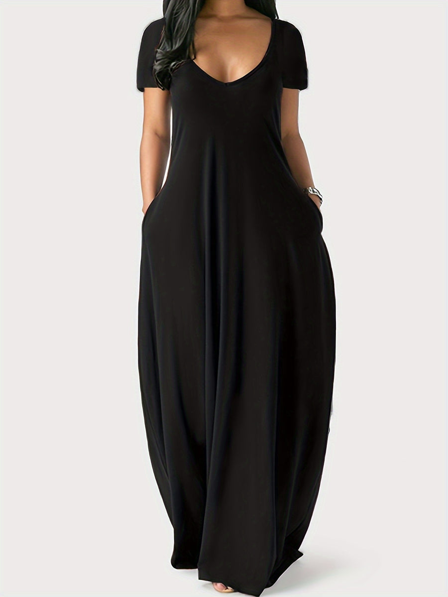 Sapu Directional Fake European And American Cross-Border Spring And Summer New Women'S Clothing Solid Color Short-Sleeved Women'S Summer Dress V-Neck Pocket Long Dress - Black