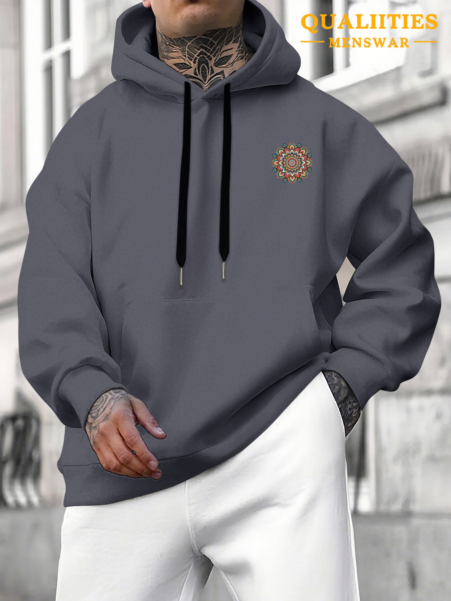 Men's "Mandala" Print Hooded Sweatshirt - Relaxed Fit, Simple and Distinctive Design, Loose Cut for Comfort and Style, Machine Washable Casual Pullover for Autumn/Winter, Suitable for Casual Wear, Hooded Sweater, Winter Apparel, Fashionable Design - Dark Gray