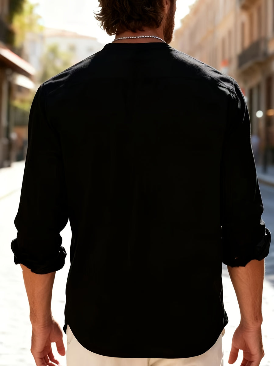 Men'S Breathable Shirt - Casual Long-Sleeve Polo Collar, White, Comfortable And Stylish, Suitable for All Seasons, Button Design on The Front, Regular Fit, Casual Wear, Classic Collar, Durable Construction, Versatile Clothing - Space Black