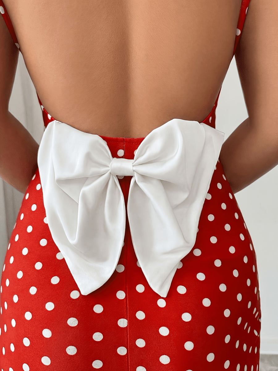 Elegant Vintage Polka Dot Mermaid Dress with Square Neck & Backless Bow Spliced Hem - -Line Wedding Guest Dress Suitable for Parties, Prom, Special Occasions - Mixed colors