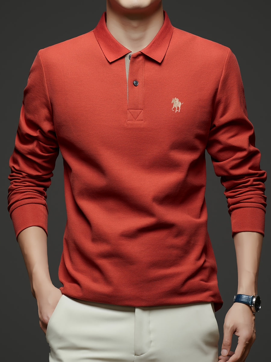 [Saa Xing OBM] 1pc Spring/Autumn New Men'S Polo Shirt, Solid Color Embroidered Half-Button Placket Single-Button Polo Collar Long Sleeve Men'S Fashion Versatile Pullover Base Layer Top, Classic Design, Suitable for Spring, Autumn, Wear - Orange Red