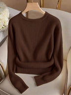 Women'S Fashion Slim Fit Crew Neck Fake Button Long Sleeve T-Shirt - Coffee Color
