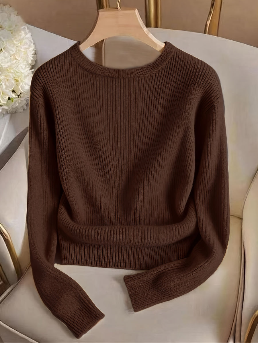 Women'S Fashion Slim Fit Crew Neck Fake Button Long Sleeve T-Shirt - Coffee Color