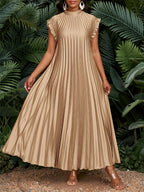 Satin Pleated Flutter Sleeve Long Women's Dress, Bridesmaid Dress, Loose Fit, Casual, Vacation, Elegant, Party, All Seasons, Birthday, Event Gown, Office Dress, Spring/Summer Dress - Khaki