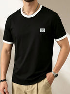 100%, Men'S Knitted Color-Block Round Neck Short-Sleeve T-Shirt, Summer Global All-Season Base Layer Factory Made Men'S Comfortable High-Fit Rate Casual Sports Contrast Patchwork Top - Black And White