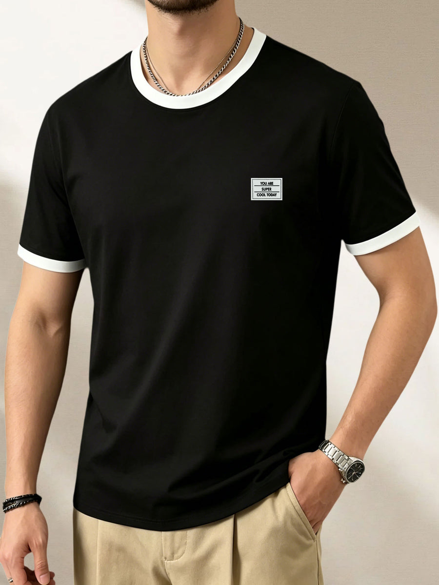 100%, Men'S Knitted Color-Block Round Neck Short-Sleeve T-Shirt, Summer Global All-Season Base Layer Factory Made Men'S Comfortable High-Fit Rate Casual Sports Contrast Patchwork Top - Black And White