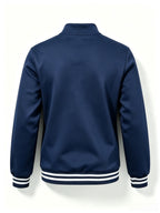 Men's Half-Zip Stand Collar Sweatshirt with Double Wing Pattern Chest Print, Striped Ribbed Cuffs, Loose Fit Athletic Casual Pullover - Navy Color