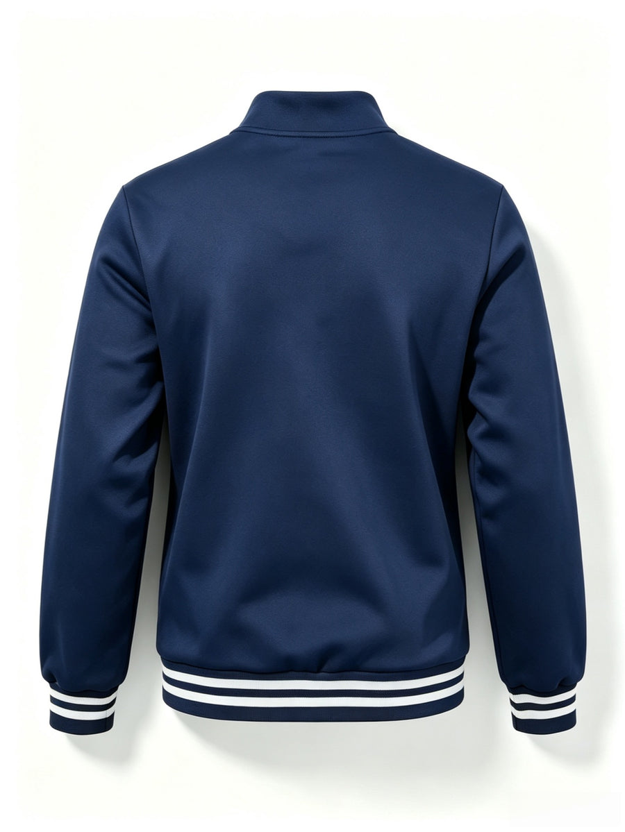 Men'S Half-Open Collar Mid-High Neck Sweatshirt, Contrast Geometric S Logo Print Striped Ribbed Hem Loose Athletic Pullover Top, Suitable for Commute And Casual Wear - Navy Color