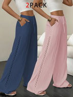 2-Pack Women's Elegant Textured Side-Cutout Straight-Leg Pants with Drawstring Waist, Wide-Leg Casual Trousers - Blue+Pink