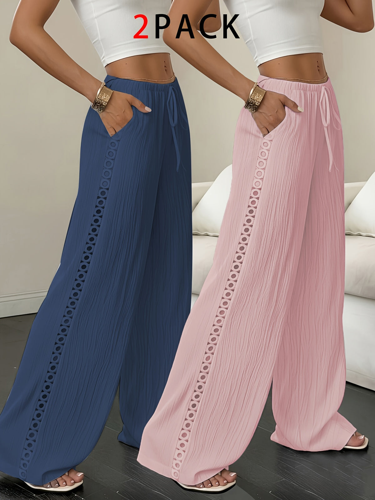 2-Pack Women's Elegant Textured Side-Cutout Straight-Leg Pants with Drawstring Waist, Wide-Leg Casual Trousers - Blue+Pink