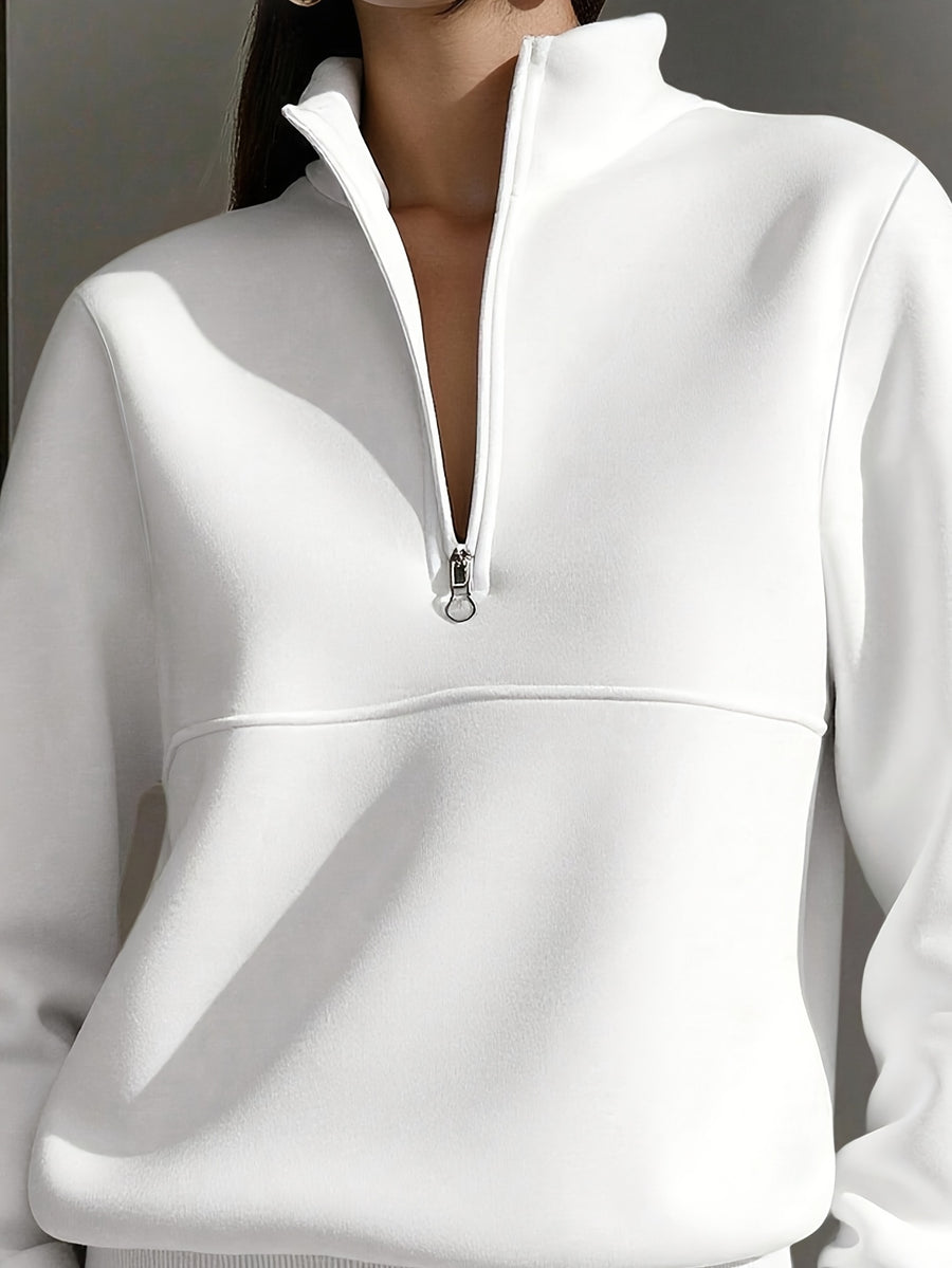 Fall Winter Fashion Women'S Casual Versatile Solid Round Neck Zip-Up Sweatshirt - White