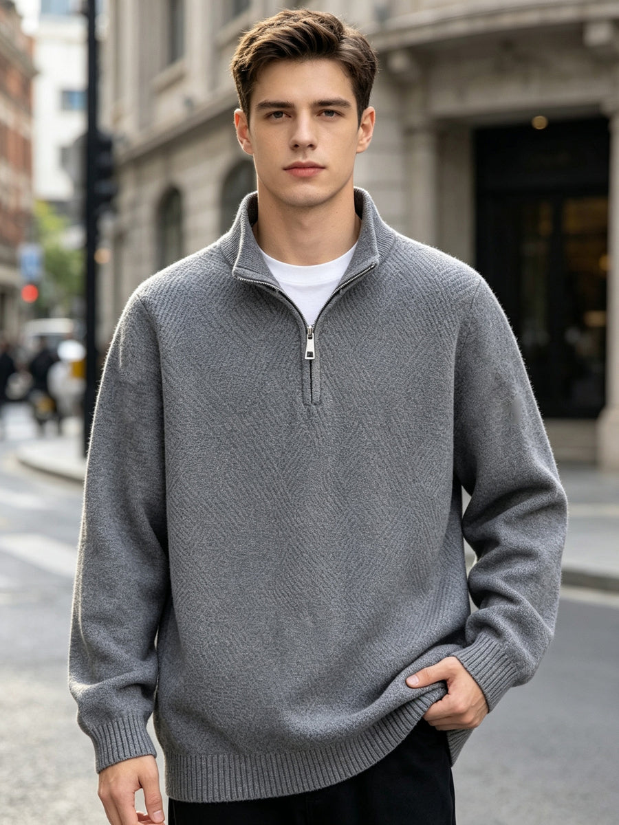 Men' Quarter-Zip Stand Collar Knit Sweater with Diagonal Texture & Ribbed Hem/Cuff Trim - Loose Fit Warm -Pullover Suitable for Autumn Winter Daily Commute, Casual Office Wear, Layering Base Layer - Dark Gray