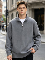 Men' Quarter-Zip Stand Collar Knit Sweater with Diagonal Texture & Ribbed Hem/Cuff Trim - Loose Fit Warm -Pullover Suitable for Autumn Winter Daily Commute, Casual Office Wear, Layering Base Layer - Dark Gray