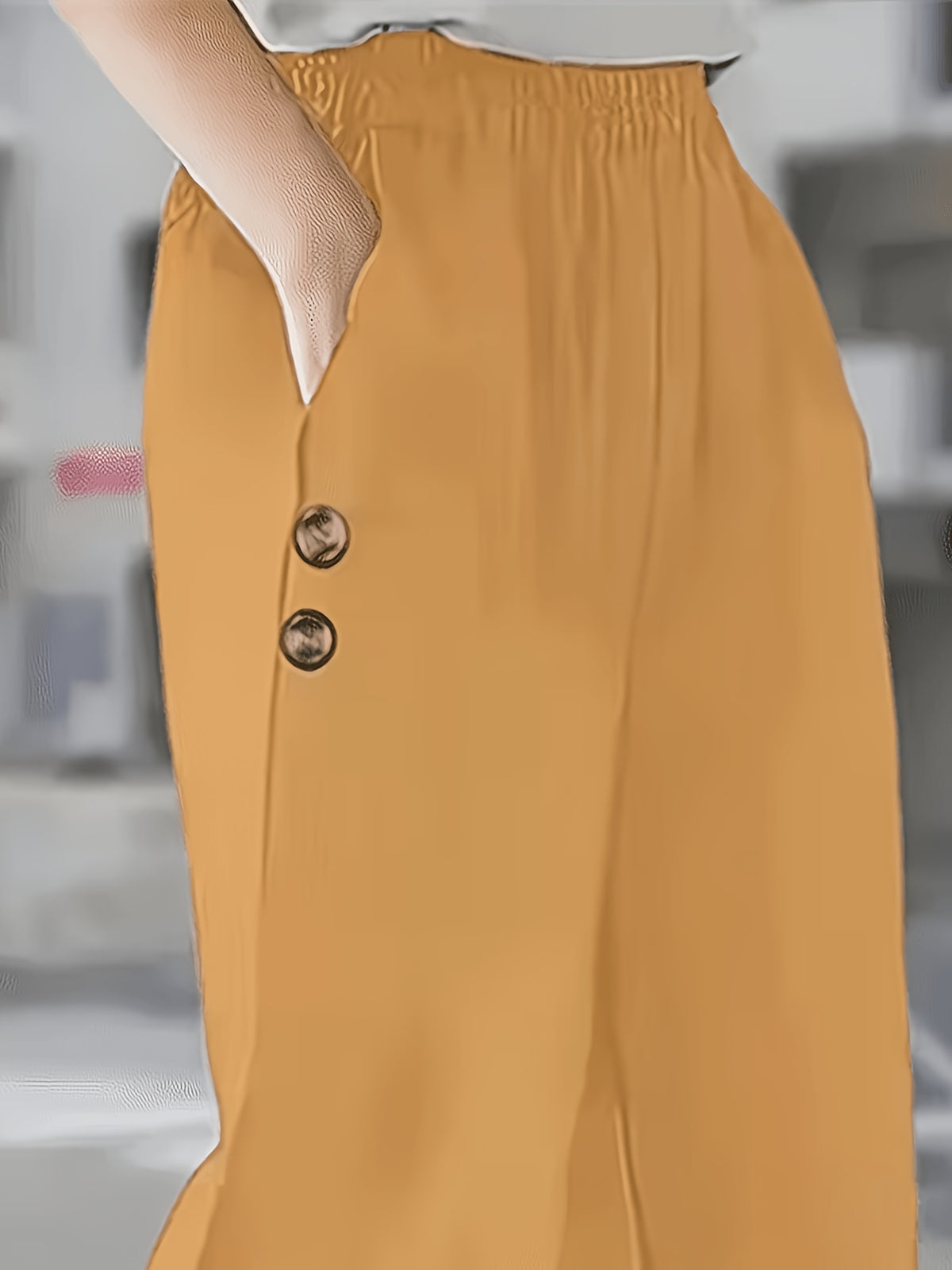 Solid Color Elegant Ankle Pants with Buttoned Pockets, Featuring a Slit Cuff Design for Added Dynamism, Suitable for Daily Outings or Commuting - Yellow