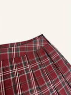 Elegant Golden Jujube Red Plaid Academic Style Low-Waist A-Line Pleated Mini Skirt for Women, Spring/Summer Skirt - Golden Jujube Red