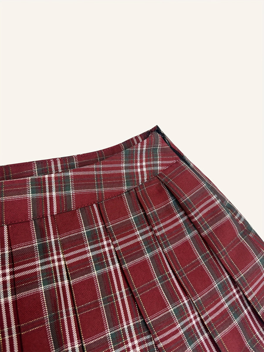 Elegant Golden Jujube Red Plaid Academic Style Low-Waist A-Line Pleated Mini Skirt for Women, Spring/Summer Skirt - Golden Jujube Red