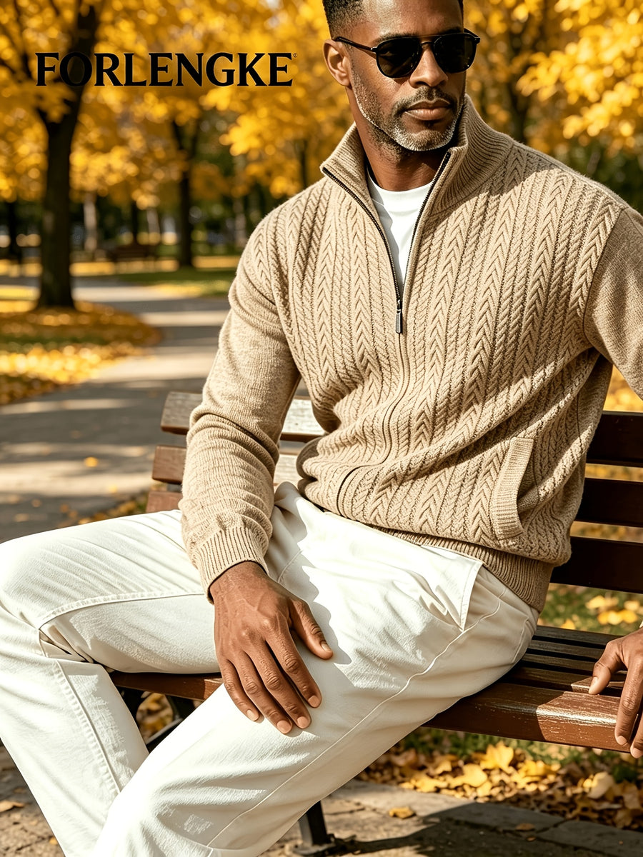 FORLENGKE Men'S Business Casual Stand Zip Cable Knit Cardigan, Soft Warm Long Sleeve Knitted Jacket for Fall Winter Office Daily Wear - Khaki