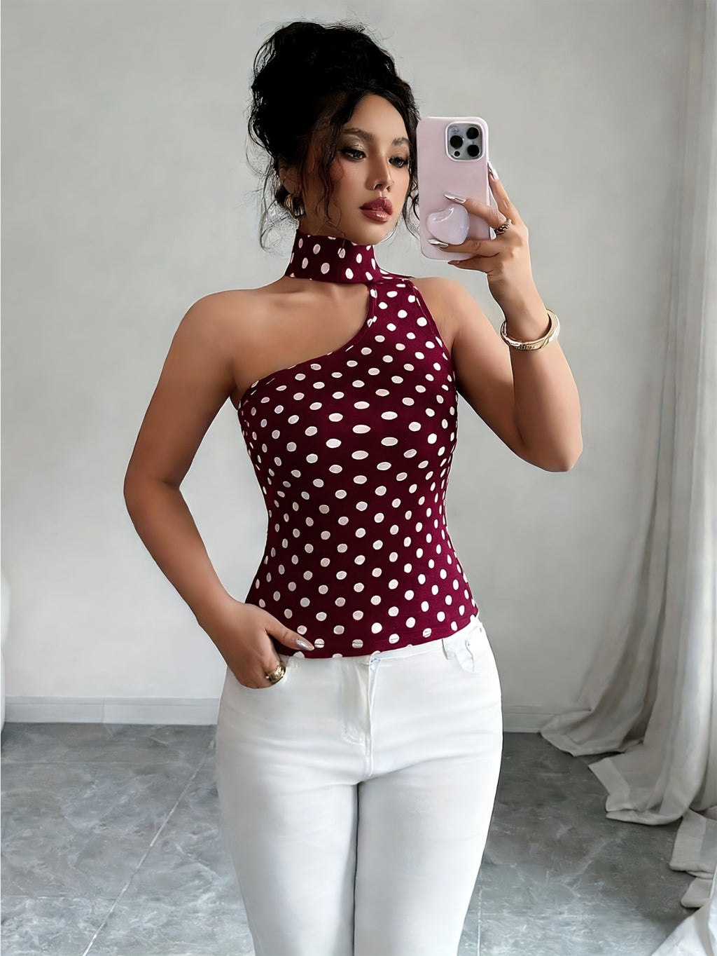 ZJ1031014 Women's Polka Dot Top with Printed Cut-Out Design, Elegant and Slim Fit - Burgundy