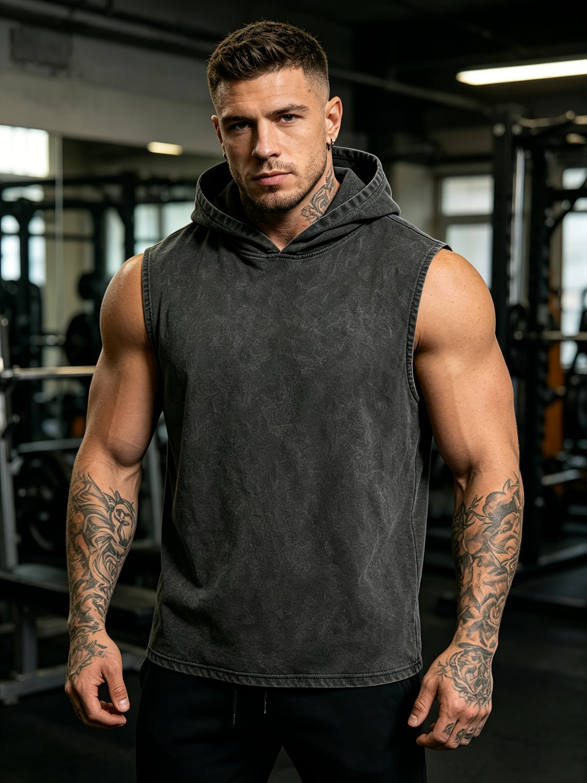 Men'S Vintage Distressed Hooded Vest - Dark Gray/Black with a Retro Washed Effect - Regular Fit Top - Unisex Casual Streetwear - Comfortable Summer Style - Black