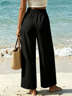 New Beautiful Women'S Elegant Solid Color Long Pants, with Elastic Waist And Pockets, Suitable for Commuting, Vacation, Street Fashion, Casual Afternoon Tea, And Daily Wear, Fashionable And Elegant Style - Black