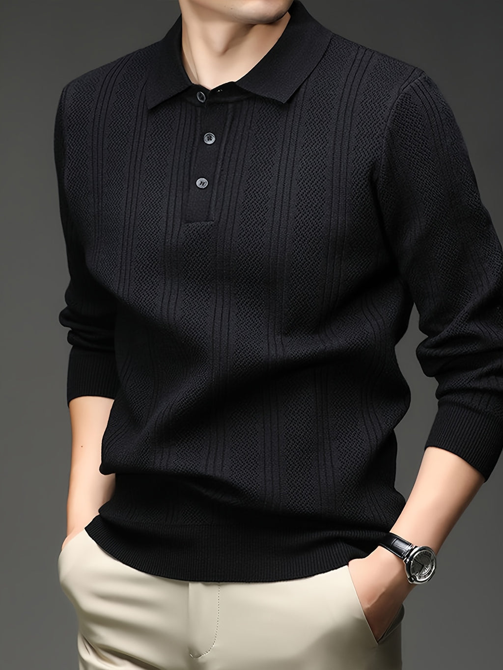 Autumn Renewal 1pc: Black Knitted Long-Sleeve Polo Shirt for Middle-Aged Men, Vertical Stripe Jacquard, Three-Button Lapel, Business Casual, Slim Fit for Spring/Autumn, Commuting and Daily Layering Top - Black