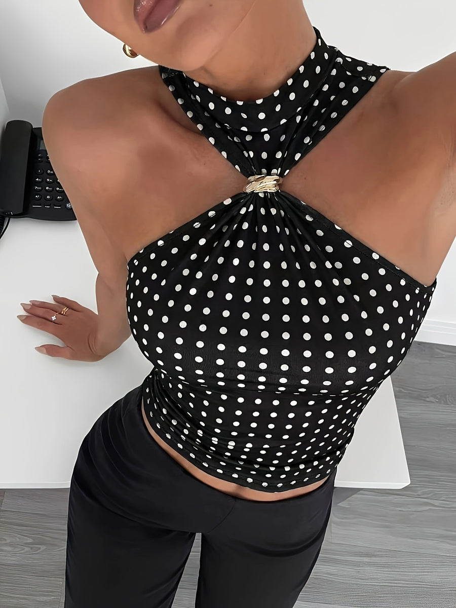 Spring/Summer Women's Halter Neck Slim Fit Off-Shoulder Elegant Metal Buckle Sleeveless Top, Halter Neck Fashion Vest Top - Black Polka Dots