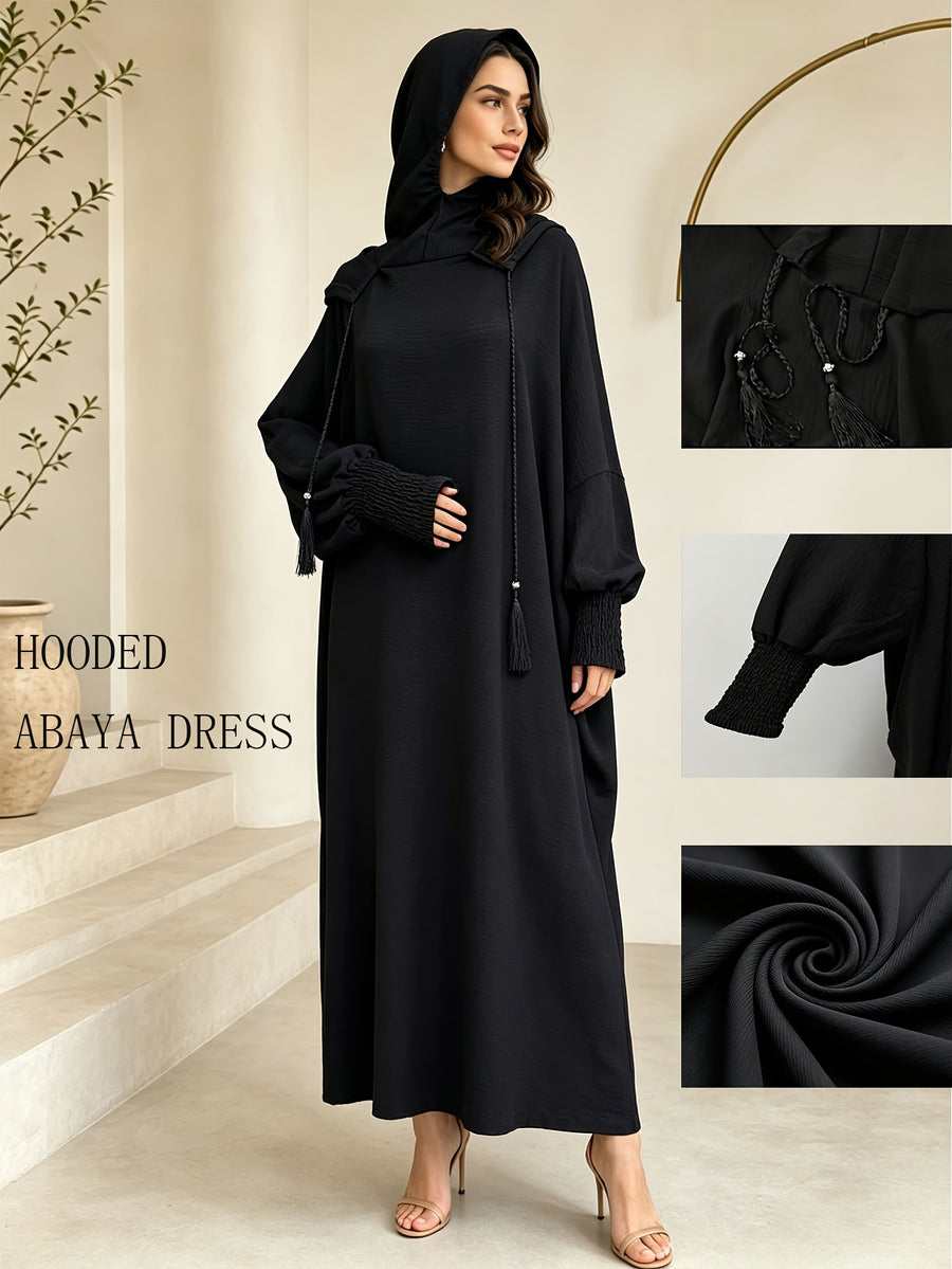 Plus Size - 1pc Women'S Hooded Double-Layer Abaya Dress, Casual Loose Breathable Prayer Robe, Suitable for Daily Wear Or Gifting - Black