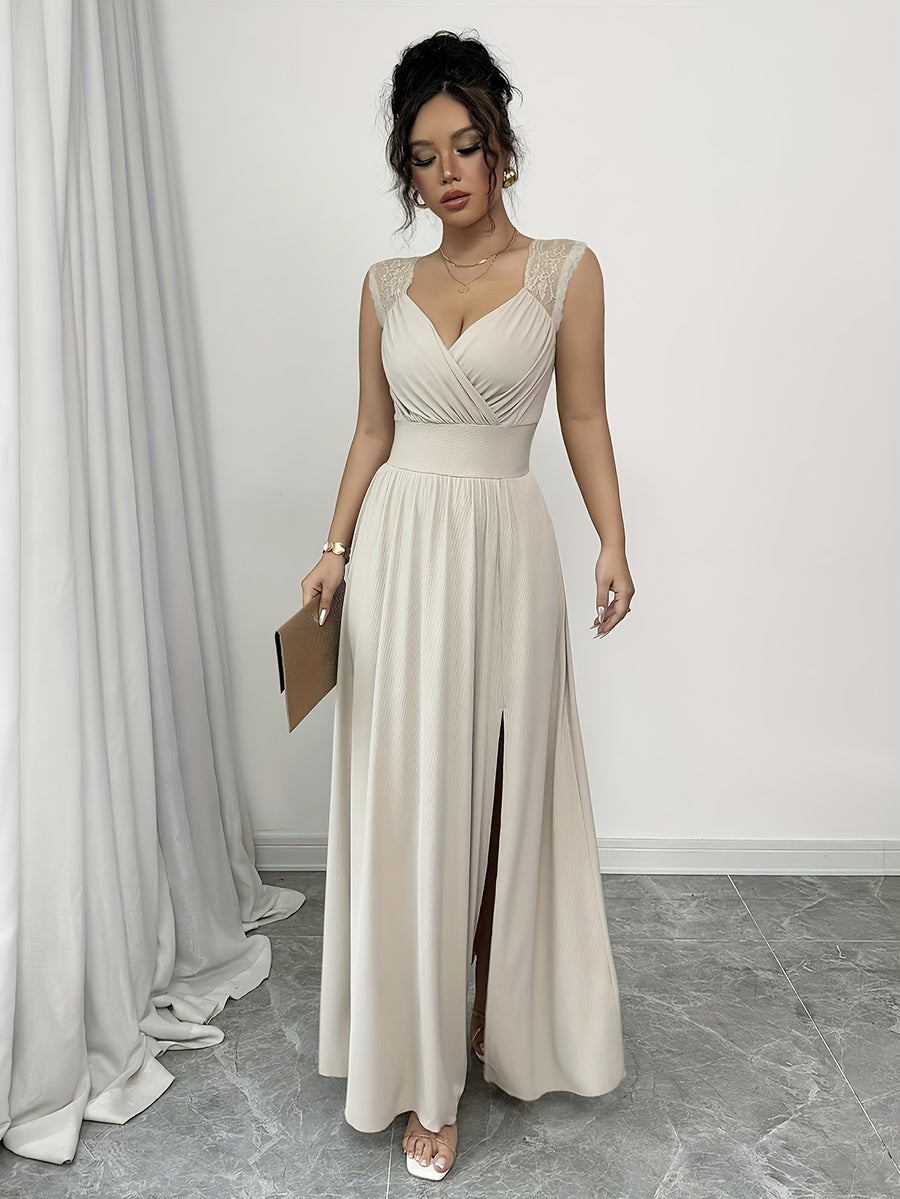 Women'S French Style V-Neck Lace Trimmed Dress - Apricot