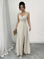 Women'S French Style V-Neck Lace Trimmed Dress - Apricot