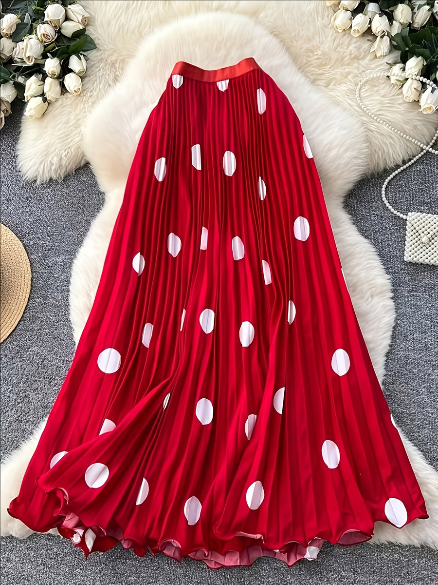 Women'S Elegant Pleated Long Skirt, Fashionable Versatile Polka Dot Half Skirt - Red