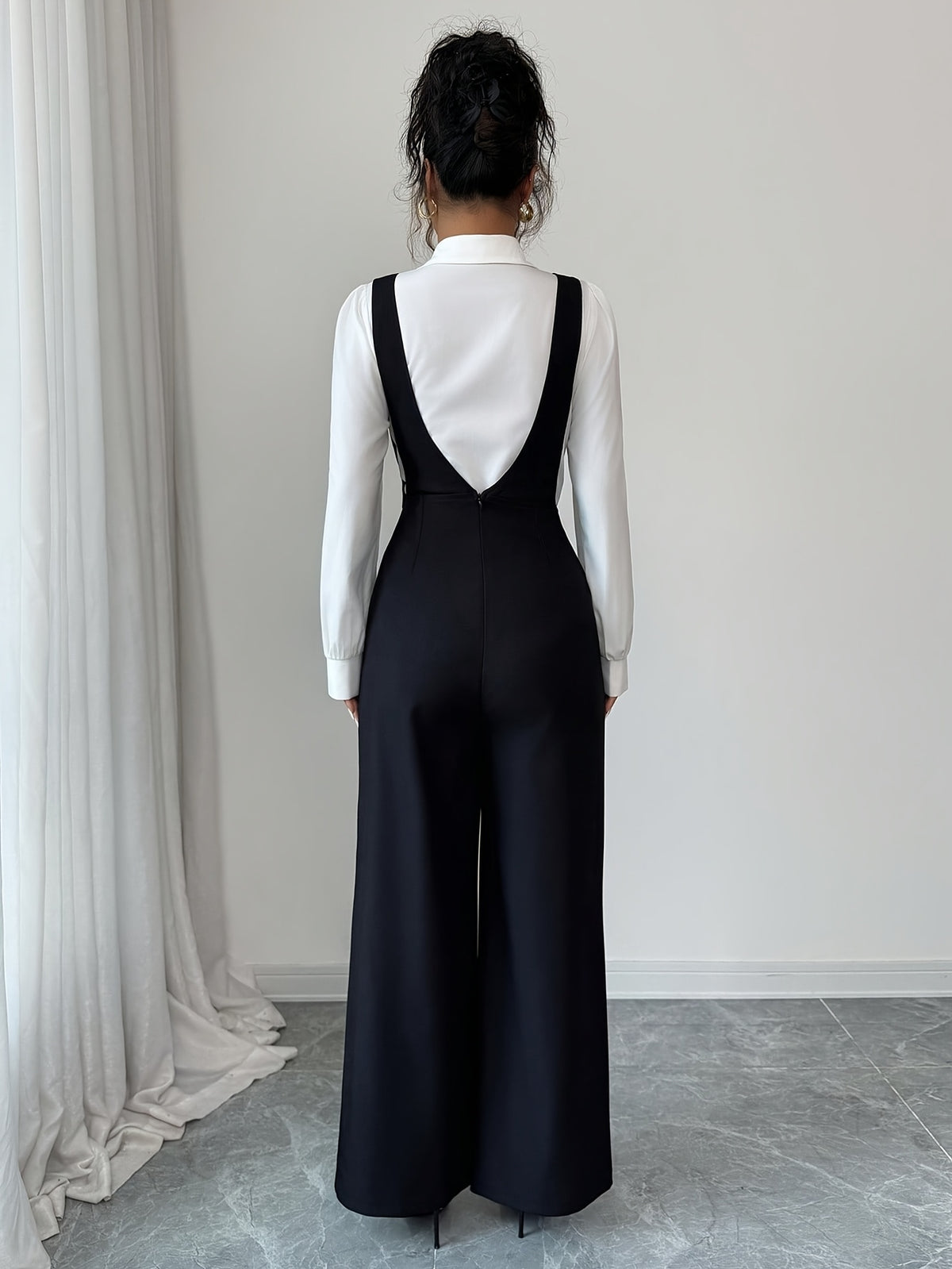 ASD1 Women'S Black Deep V-Neck Jumpsuit with Decorative Waist Buckle, Front Panel Stitching Design, Elegant And Exquisite Teacher'S Outfit - Black