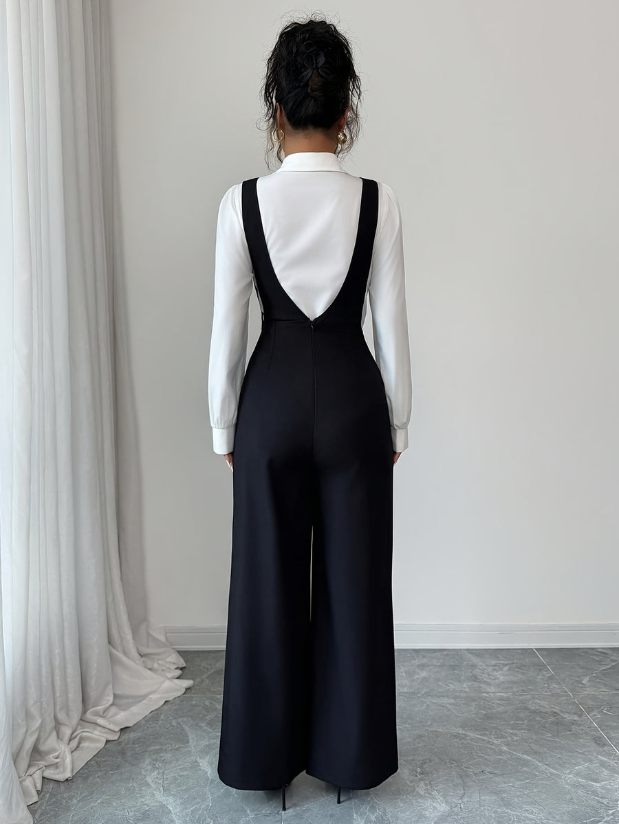 ASD1 Women'S Black Deep V-Neck Jumpsuit with Decorative Waist Buckle, Front Panel Stitching Design, Elegant And Exquisite Teacher'S Outfit - Black