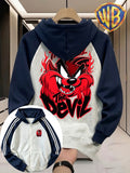 Men's Color-Block Raglan Zip-Up Hooded Sweatshirt, Flame Red The Devil Taz Monster Cartoon Graphic Front and Back Print Style, Men's Trendy Cardigan Hoodie, Loose Outerwear, Pocket Design, Comfortable, Daily Wear, Commuting, Vacation - Navy Color