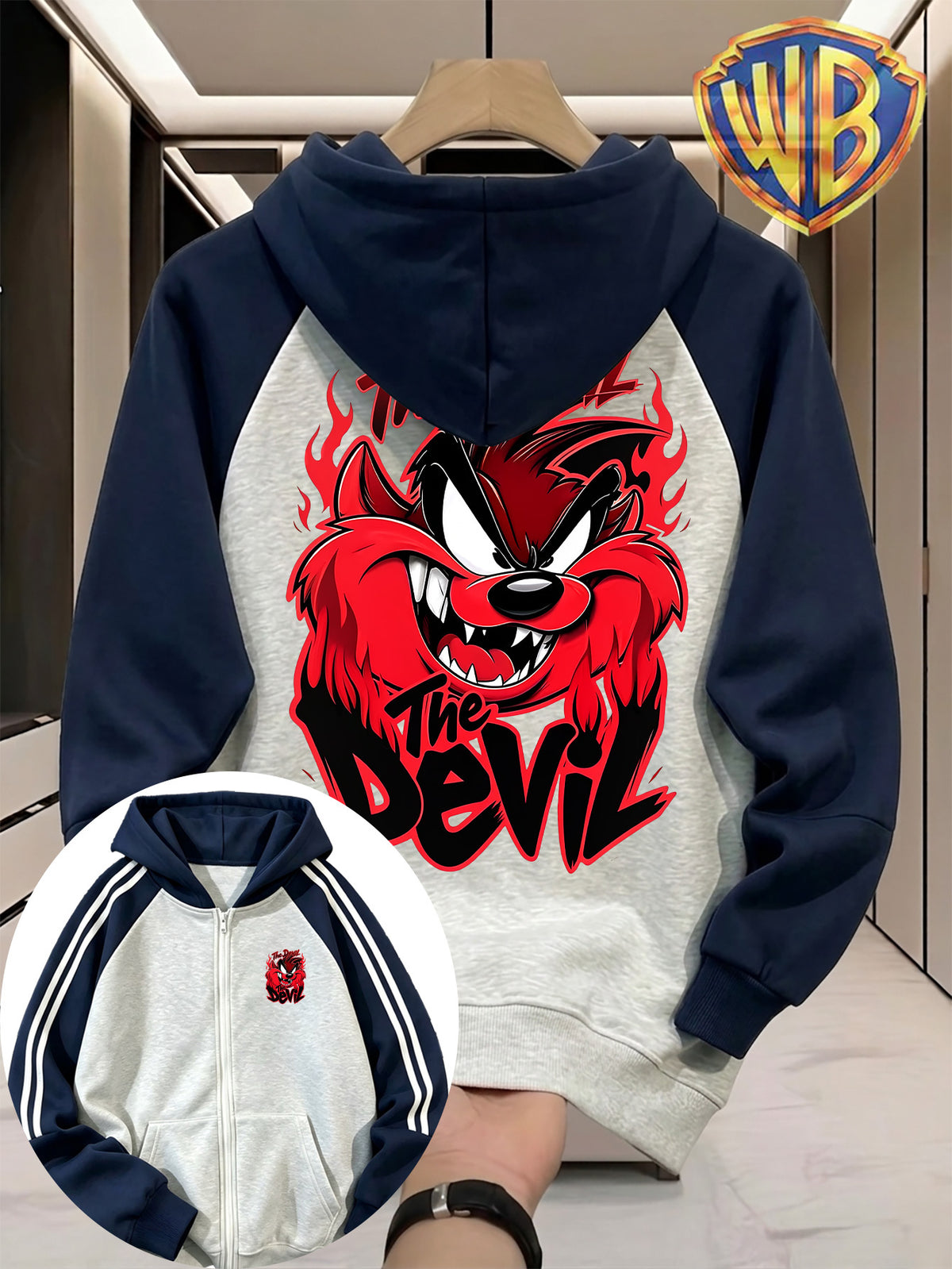 Men's Color-Block Raglan Zip-Up Hooded Sweatshirt, Flame Red The Devil Taz Monster Cartoon Graphic Front and Back Print Style, Men's Trendy Cardigan Hoodie, Loose Outerwear, Pocket Design, Comfortable, Daily Wear, Commuting, Vacation - Navy Color