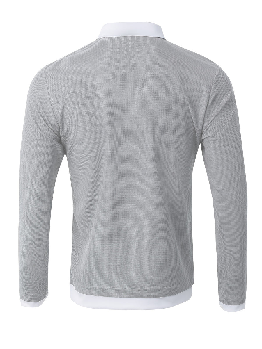 Pearson OBM Men's Fashion Printed Design Waffle 2-in-1 Look Shirt Top, Breathable and Comfortable Fabric, Versatile Casual Long Sleeve Men's Lapel Polo Shirt - Grey-M