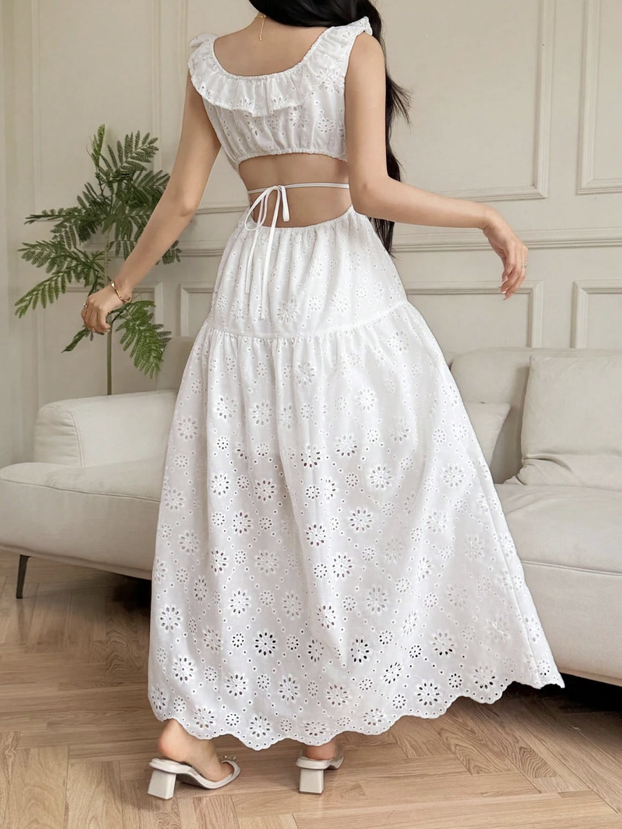 [WY260306056] Lazy Vacation Style White Hollow Embroidered Long Dress Square Neck Ruffled Waist Tie-Strap Evening Party Dress - Milky