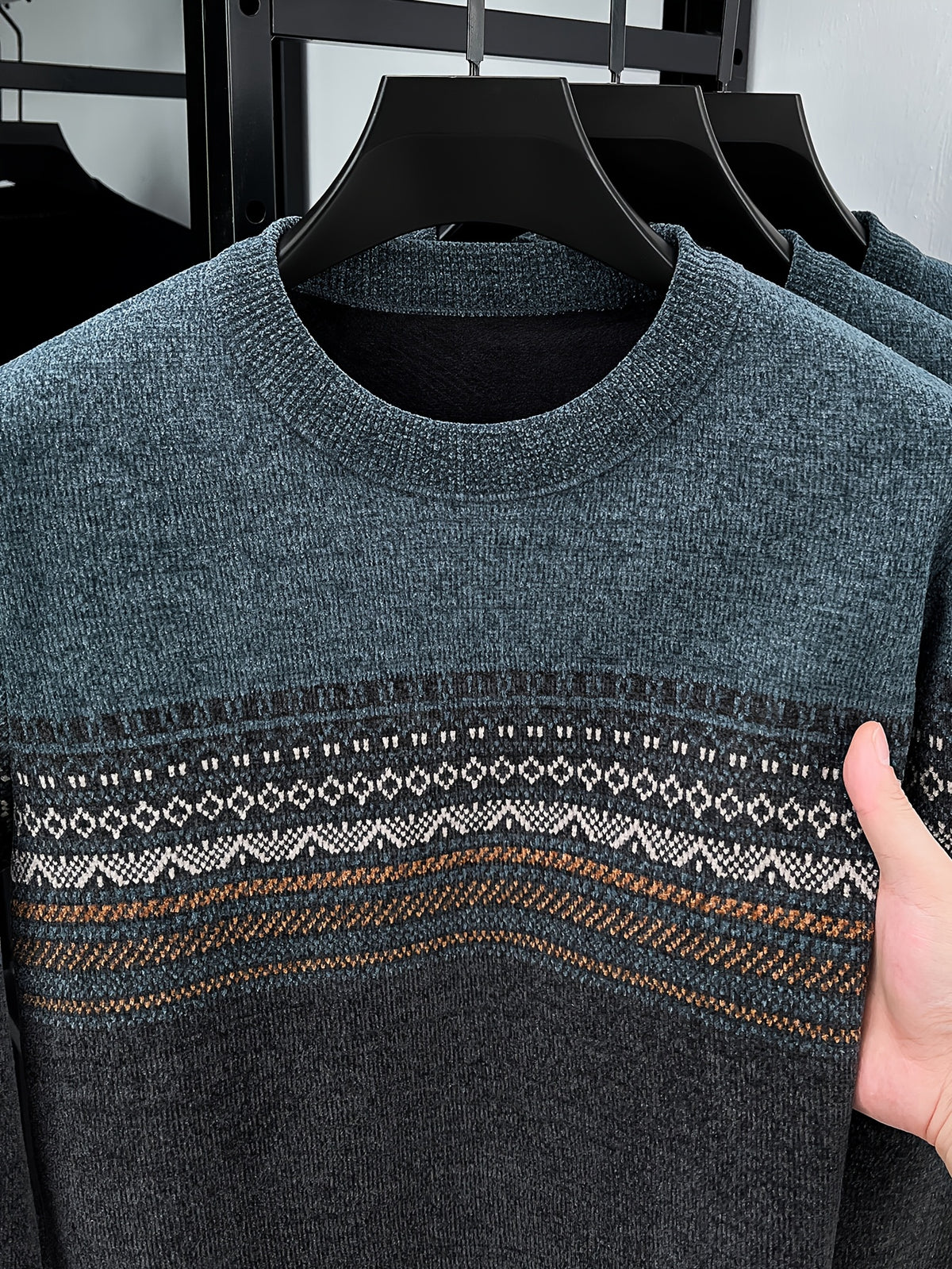 Men's Crew Neck Jacquard Knit Sweater, Autumn/Winter Mid-Life Warm Base Layer Top - Grey
