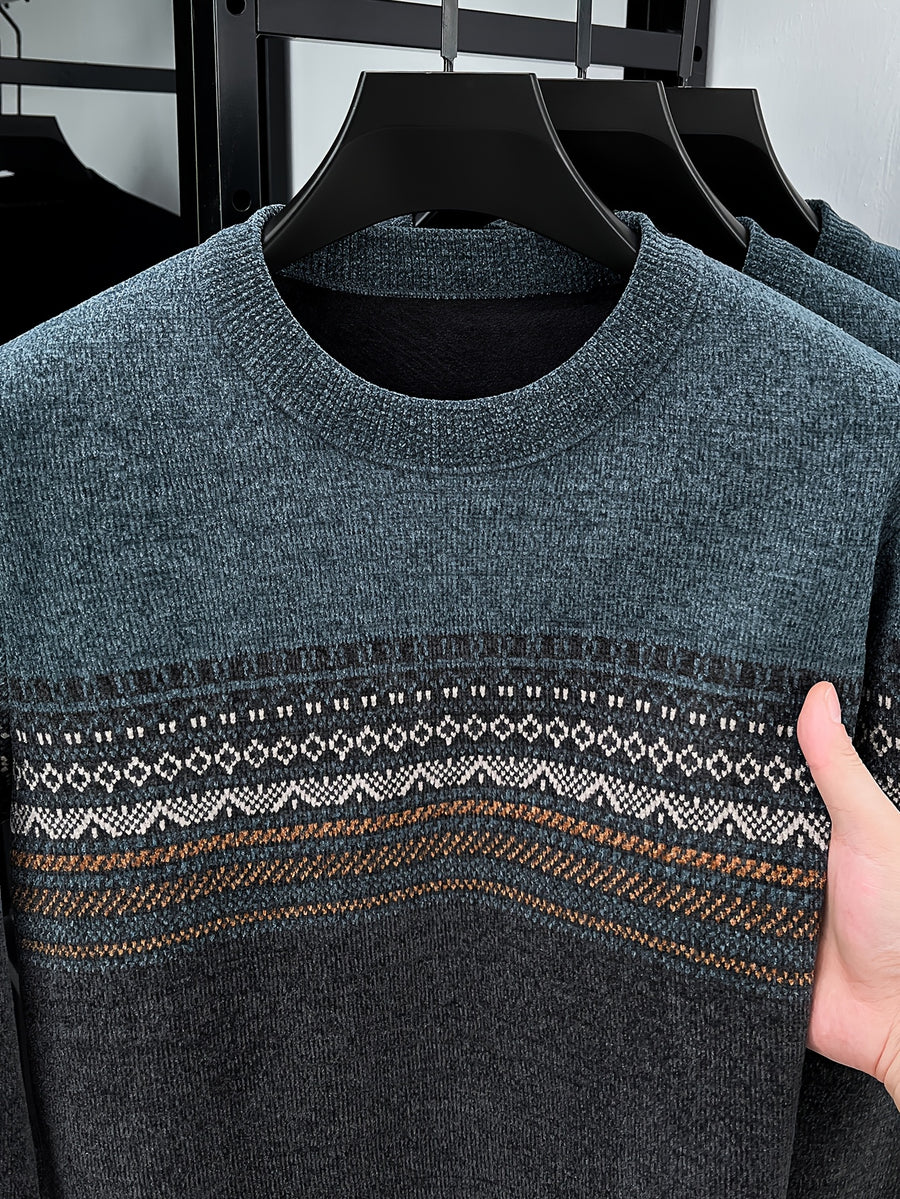 Men's Crew Neck Jacquard Knit Sweater, Autumn/Winter Mid-Life Warm Base Layer Top - Grey