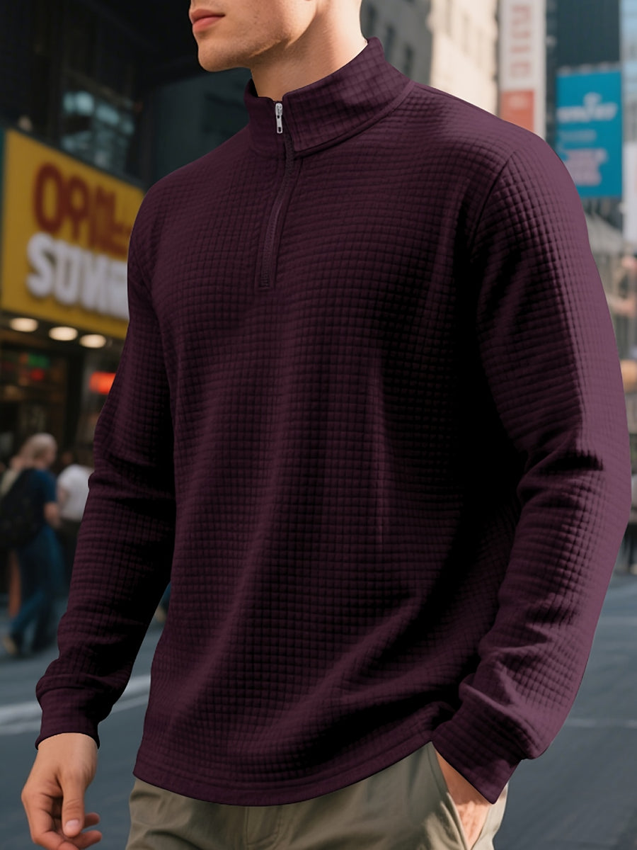 Men'S Four-Season Minimalist Casual Loose Jacquard Stand Collar Half-Zip Base Sweatshirt - Burgundy