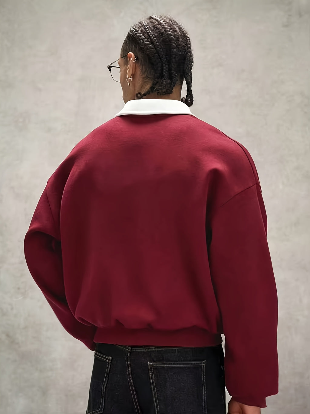 Men's Loose Fit Polo Collar Sweatshirt, Contrast Color White Collar Henley Pullover, Paris Letter Print Long Sleeve Casual Streetwear Top - Burgundy
