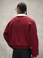 Men's Loose Fit Polo Collar Sweatshirt, Contrast Color White Collar Henley Pullover, Paris Letter Print Long Sleeve Casual Streetwear Top - Burgundy