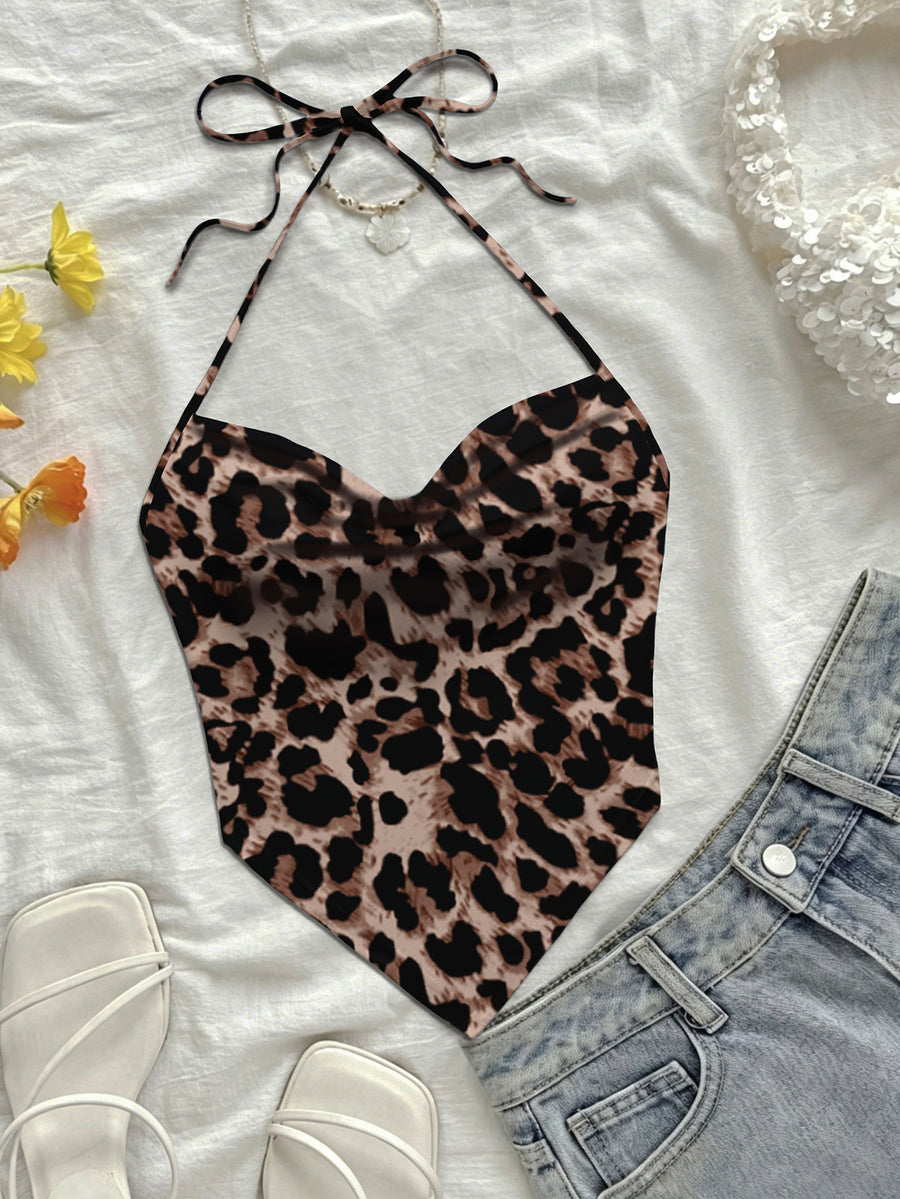 Women Summer New Arrival Hot Boho Casual Beach Vacation Daily Wear Allover Floral Print Sweetheart Neck Halter Tie Crop Top - Coffee Brown