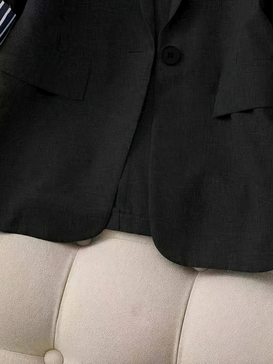 New Women's Fashion Casual Office Commuting Lapel Striped Patchwork Single-Breasted Slim Fit Three-Quarter Sleeve Blazer 603# - Black