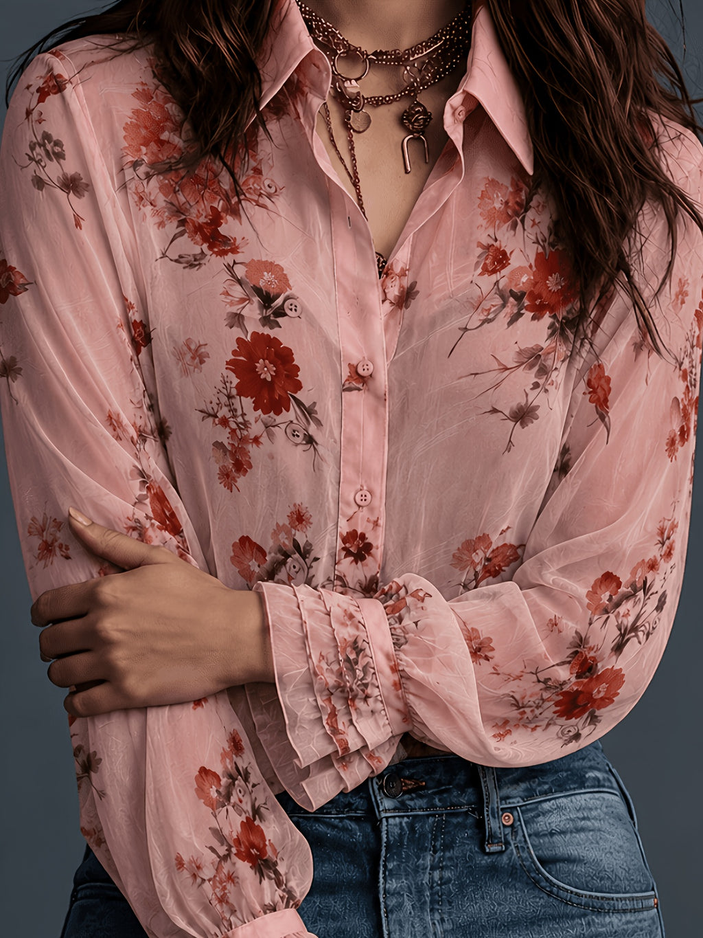 All-Season Floral Print Long Sleeve Shirt, Casual Semi-Transparent Versatile Retro Chiffon Front Button-Up Design, Flared Sleeves, Elegant Fashion Women'S Blouse - Peach