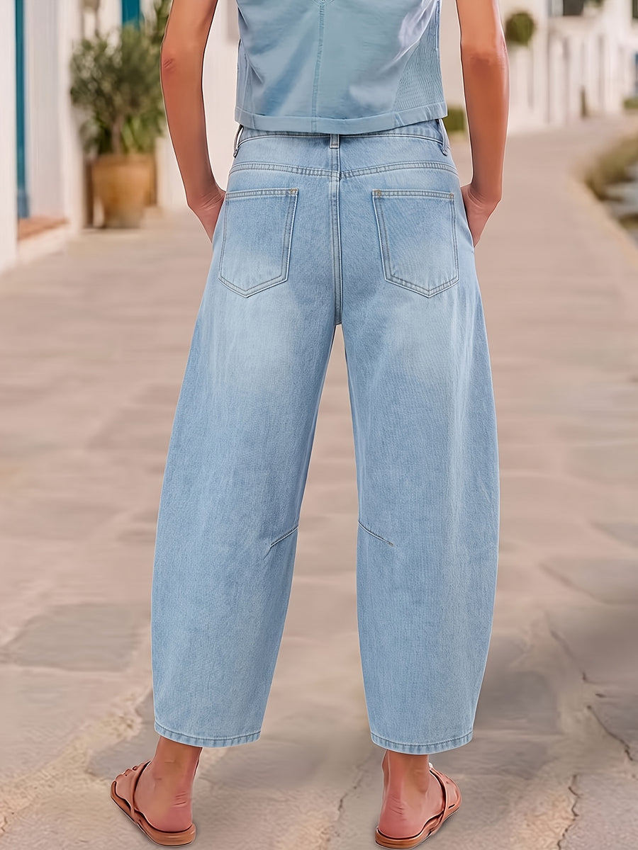 Denim Jeans Women'S Loose Mid-Rise Ankle Pants Light Blue Zipper Fly Non-Stretch Casual All-Match Daily All-Season New - Light Blue