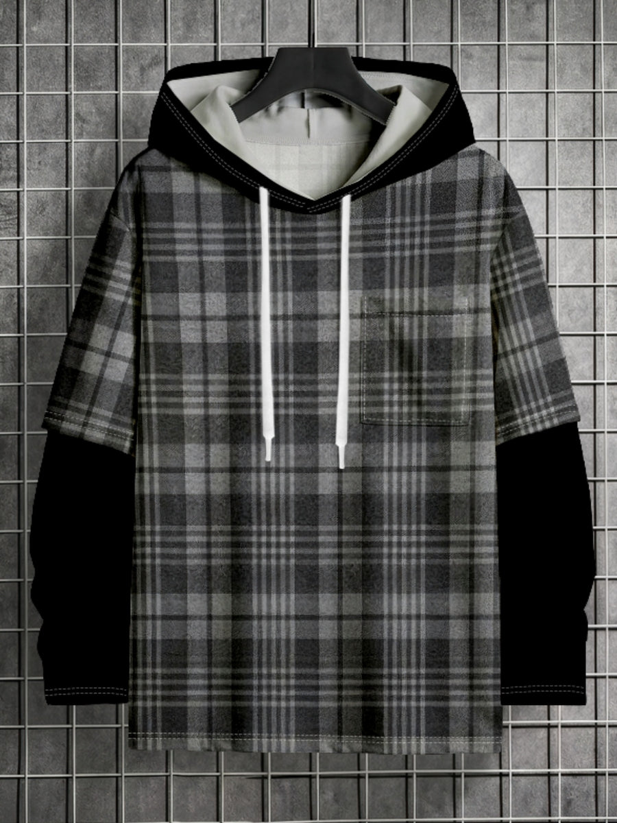 Vintage Style Men'S Hooded Patchwork Long-Sleeve Sweatshirt Fashion Plaid Design Personalized Color-Block Cuffs Casual Versatile Top Women'S Clothing - Mixed colors