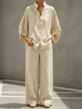Women'S Light Apricot Stand Collar Batwing Short Sleeve Set, Single Button Loose Shirt And High-Waist Straight Wide-Leg Pants Casual Two-Piece - Off-white