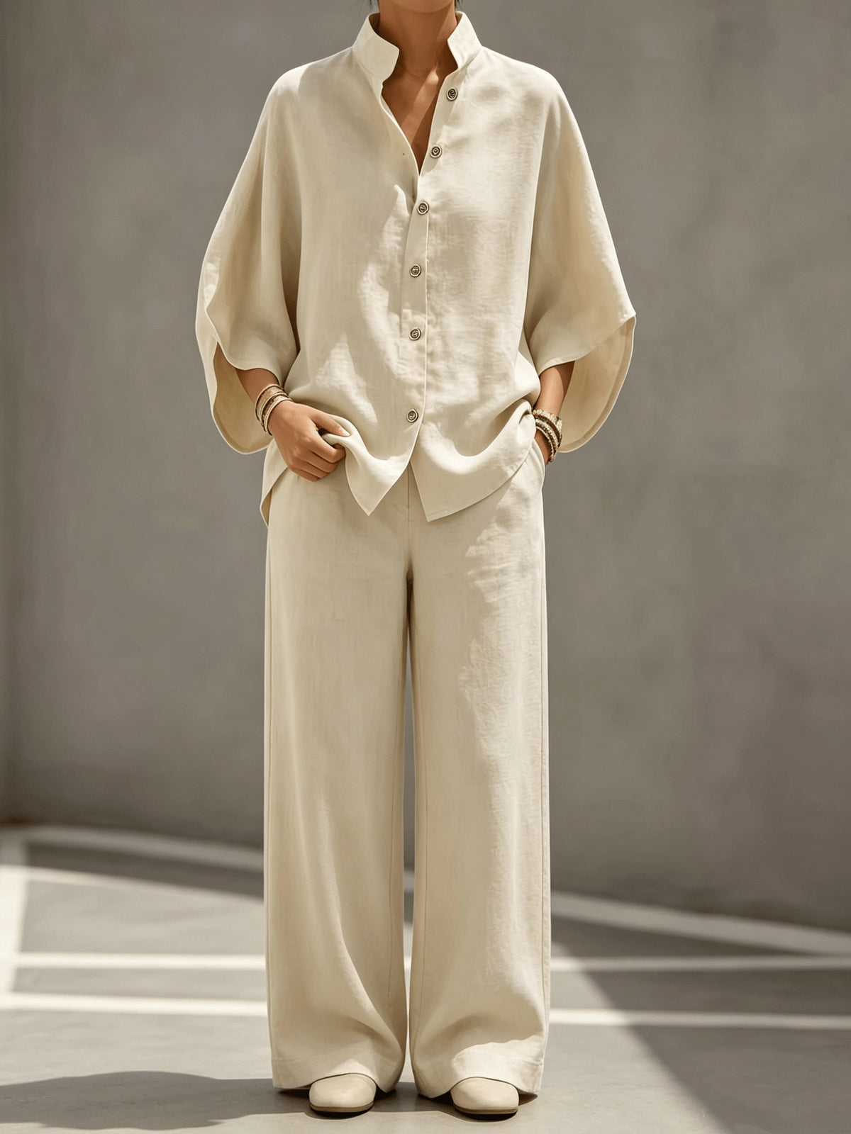 Women'S Light Apricot Stand Collar Batwing Short Sleeve Set, Single Button Loose Shirt And High-Waist Straight Wide-Leg Pants Casual Two-Piece - Off-white