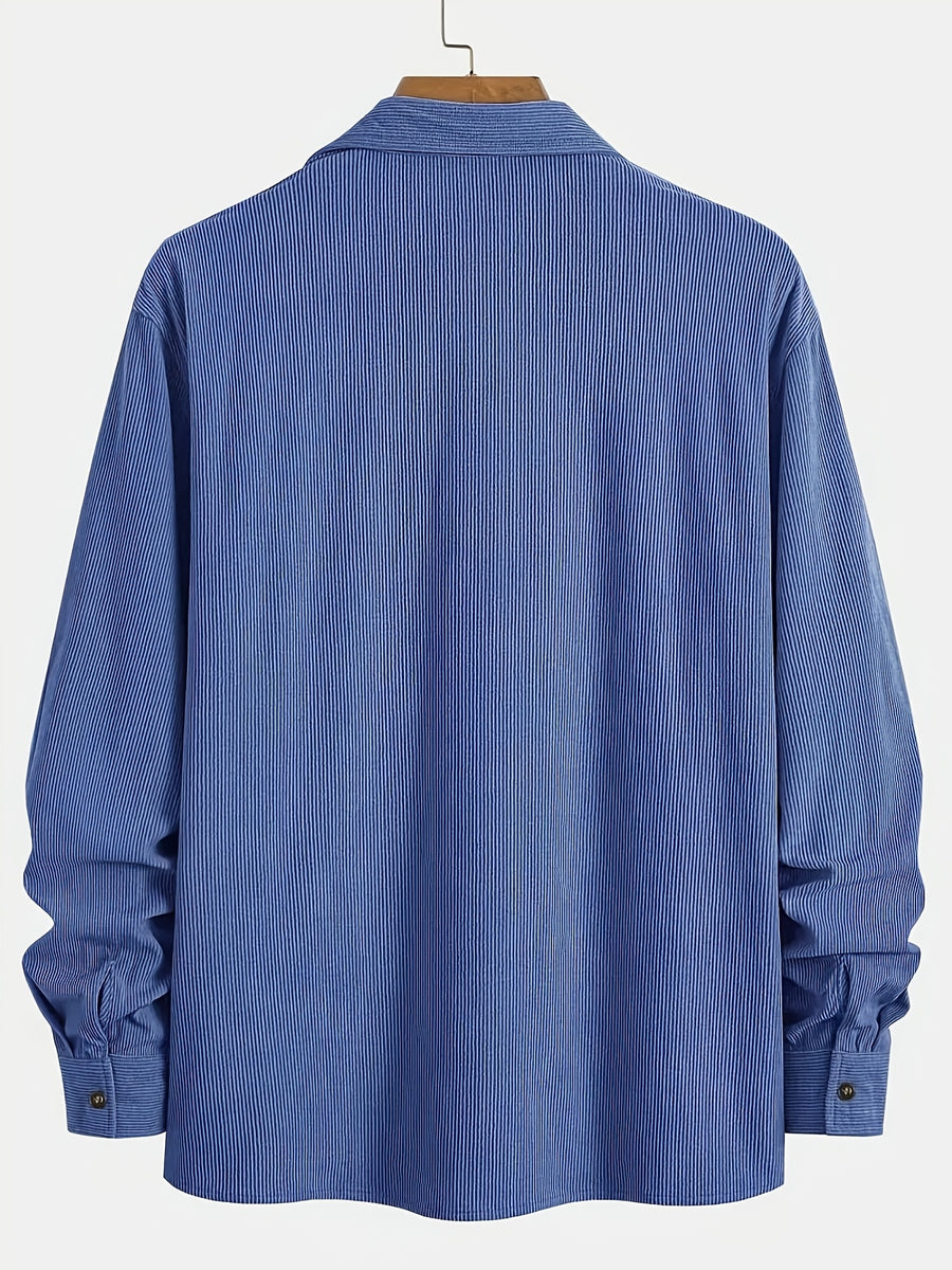 [Spring And Autumn Men'S Retro Corduroy Jacket ] Men'S Blue Corduroy Shirt, Retro Casual Long Sleeve Single, Loose Collar Button Top, Pocket Versatile Autumn Jacket, Halloween And Christmas Gift for Boyfriend And Father - Blue